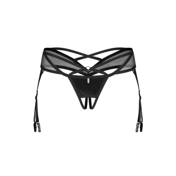 Otwarte stringi Dominna z imitacji skóry i siateczki Obsessive 2XL/3XL