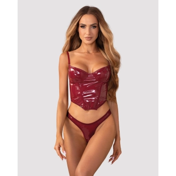 Błyszczący lakierowany gorset z stringami Obsessive Redya 2XL/3XL