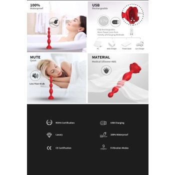 Wibrujący korek analny Rosestick czerwony USB 9 funkcji 10 cm
