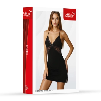 Komplet koronkowej sukienki i stringów SoftLine 11012 czarny L