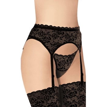 Koronkowy pas do pończoch z stringami Softline 3305 czarny M/L