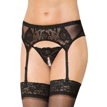 Koronkowy pas do pończoch z stringami SoftLine 3319 czarny M/L