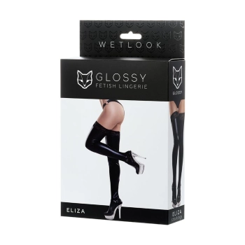 Pończochy połyskujące Wetlook z koronką Glossy Eliza czarne M
