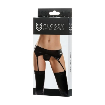 Błyszczący pas do pończoch i majtki Wetlook Glossy Almira czarny M