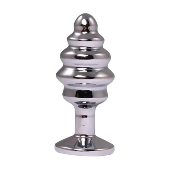 Silver small ribbed butt plug with red crystal
