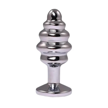 Silver small ribbed butt plug with white crystal