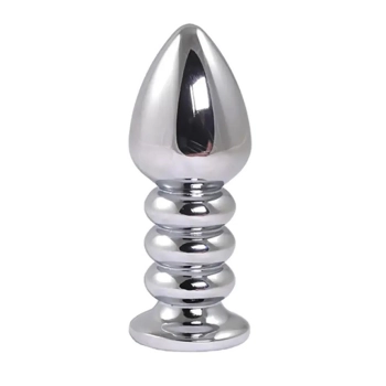 Korek analny Fantasy srebrny żebrowany Large 10,5 cm z różowym kryształem
