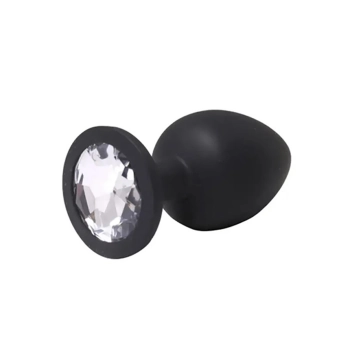 Czarny silikonowy korek analny Fantasy mały z białym kryształem 7 cm