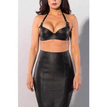 Bielizna-GP LEATHER HALTERNECK BRA BLACK, XXL