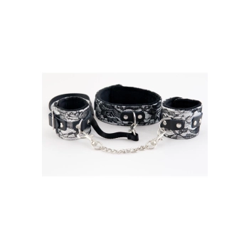 Wiązania-MARCUS 716011 Set collar with hand cuffs metal chain tracery silver bdsm Valentine day