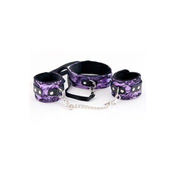 Wiązania-MARCUS 716013 Set collar with hand cuffs metal chain tracery purple bdsm Valentine day