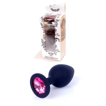 Korek analny silikonowy HeavyFun czarny z różowym diamentem 8 cm